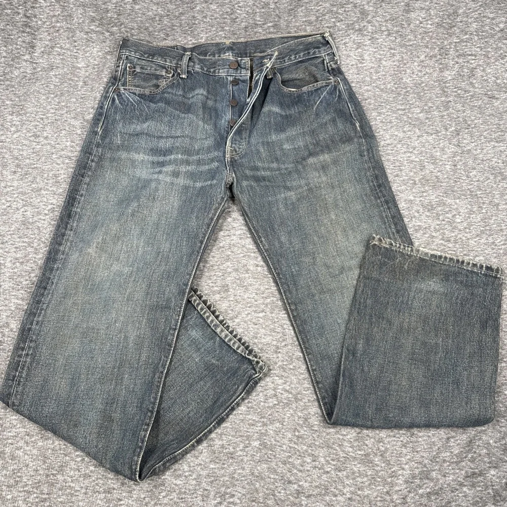 Levi's 501 Jeans‎ Mens 36x32 Blue Denim Button Fly Straight Leg Faded Distressed